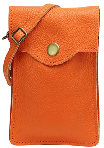 SH Leder Damen Handytasche Umhängetasche Geldbörse Multifunktion Beutel Schultertasche aus Echtleder Verstellbar Schultergurt Handy bis 6.8 Zoll 12x19cm ADA G3282 (Orange)
