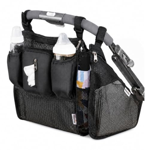 SUNVENO 2-in-1 Universal-Kinderwagen-Organizer, isolierte Getränkehalter, Handy-/Handgelenktasche mit Reißverschluss, seitliche Schlaufe, Netz-Tragetasche, verstellbare rutschfeste Riemen, passend für