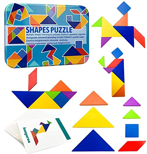 Tangrams Holzpuzzle Geometrische Formen - Kinder Montessori Puzzle für Mädchen und Jungen ab 3 Jahren - Pädagogisches Spielzeug mit 60 Designkarten und 120 Mustern