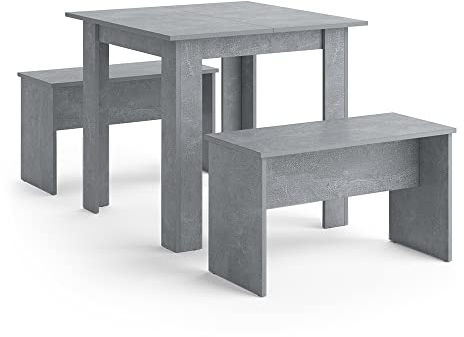Vicco Esstisch Set Sentio, Küchentisch, Beton, 80 x 80 cm mit 2 Bänken