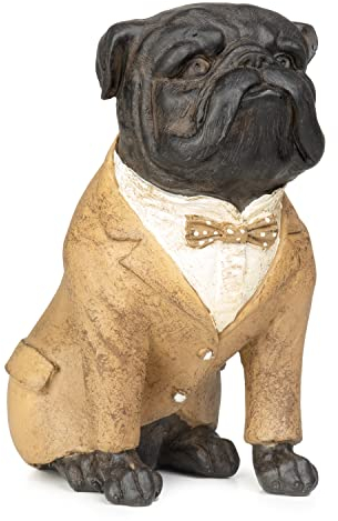 Moritz Deko-Figur Mops Hund im beigen Anzug mit Fliege Sitz aus Polyresin Dekorations Idee Standdeko Tierwelt Statue Haustier Skulptur