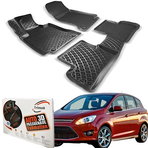 Trimak Passgenau 3D Fussmatten Auto Kompatibel mit Ford C-Max 1 Gen 5 Sitzer 2003-2010 Auto Zubehör 1. und 2. Reihe Gummimatten Autos TPE Allwetter Geruchlos rutschfest Vorne & Hinten Schwarz