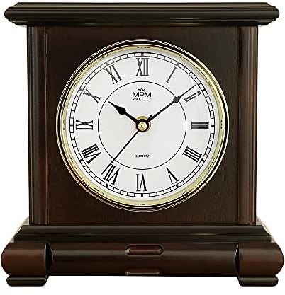 MPM Quality Retro Dark Wood Tischuhr, Dunkles Holz, Traditionelle und Elegante Holztischuhr, Römischen Ziffern, Präziser Quarz-Schrittmotor, Holz, schöne Tisch Dekoration für Wohnzimmer, Küche, Büro