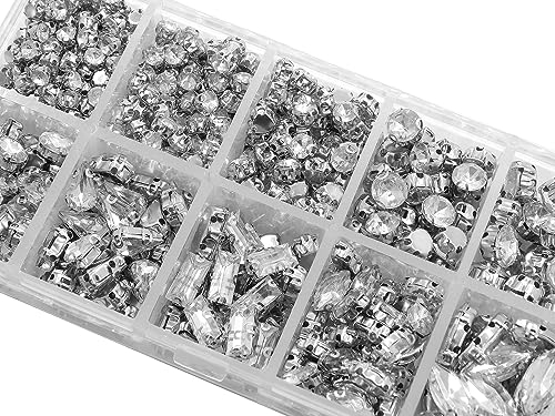 230Stk Strasssteine zum aufnähen Glitzersteine zum Annähen, 4 Löcher Nähen Knöpfe Kristall Acrylsteine Metall Krappenfassung Crystal Klar, Flache Rückseite facettiert Mischformen Set