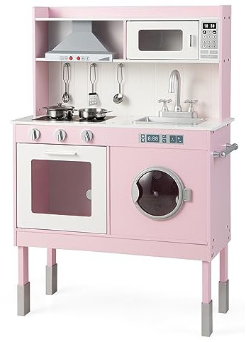 RELAX4LIFE Cocina Juguete con 5 Accesorios y Altura Ajustable 95/99/101cm, Cocinita Infantil con Luces y Sonidos Reales, Espacio de Almacenaje, Cocinita de Madera para Niños 3-8 Años (Rosa-Mini)