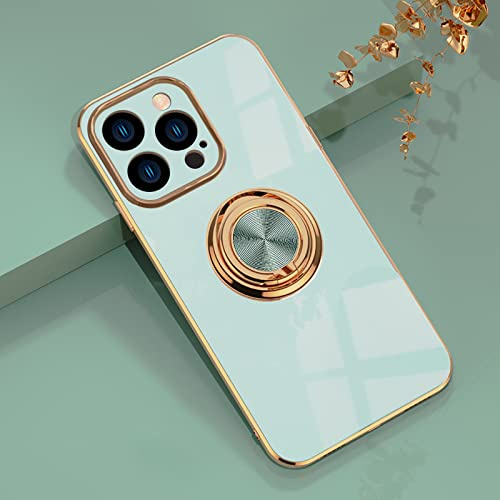 EYZUTAK Electroplated Magnetic Ring Holder Case for iPhone 15 Pro, 360 Degree with Rotation Metal Anti-fall Finger Ring Holder Magnet Car Holder Slim Soft Silicone Shockproof Cover - Mint Green
