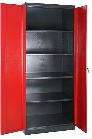 PROREGAL Armoire en Acier Avec 4 Étagères - 192 x 78 x 58 cm - Gris Anthracite/Rouge - Pour Bureau et Rangement