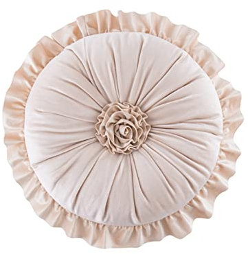 Rundes Kissen, Samt, gerüscht, Blume, Boden, Heimdekoration, Kissen für Sofa, Stuhl, Bett, Wohnzimmer, 35 x 35 cm, Elfenbeinfarben