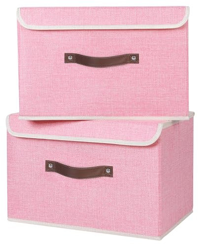 ANMINY 2PCS Storage Bins with Lid PU Leather Handles Storage Boxes PP Plastic Board Decorative Foldable Lidded Cotton Linen Fabric Home Cubes Baskets Closet Organizer Containers - Pink, Large Size