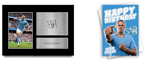 HWC Trading A4 Erling Haaland Manchester City Geschenke Autogramm-Bild Druck & Geburtstagskarte-Bundle für Fußballfans und Unterstützer