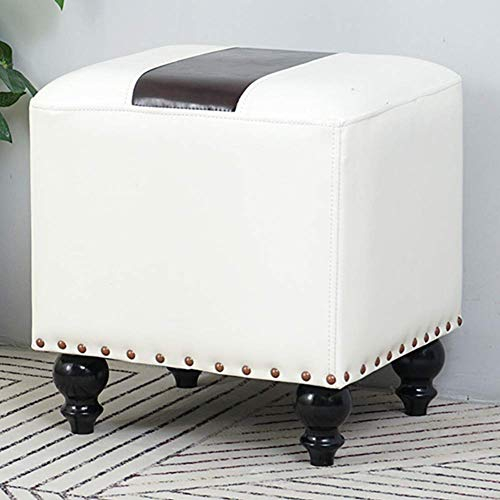 Leder Gepolsterter Cube Pouf Ottoman,Pouf Fußhocker Massivholz Quadratisch Leder Wohnzimmer Couchtisch Kleine Bank-Weiß 40x34x40cm(16x13x16inch)