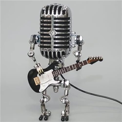 Anshka Vintage Microphone Robot Desk Lamp,Metal Microphone Robot Lamp with Mini Guitar 450g,Robot Touch Dimmer Lamp,Vintage Light Home Decor Nightstand Desk Lamp for Bedroom,Bar,Restaurant (Black)