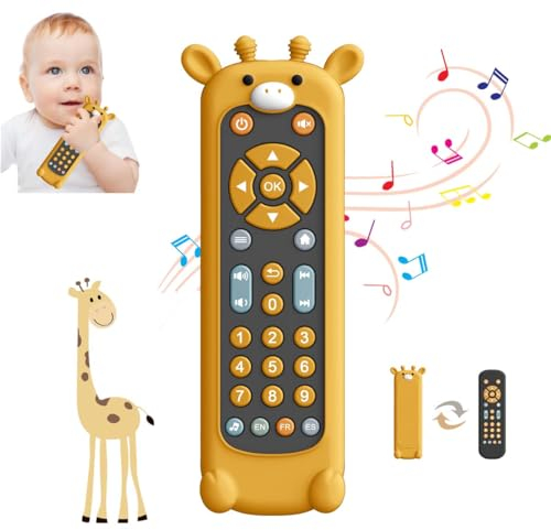 Bébé TV Télécommande Jouet Avec étui en Silicone Doux Teether, Musique Réaliste son et Lumière Télécommande Jouet, 3 Langues Jouet éducatif pour les Garçons et les Filles de Plus de 6 Mètres (Girafe)