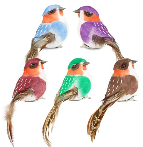 BETESSIN 5Pcs Vogel Deko Figuren Künstliche Vögel Deko mit Clip Bunt Vogelfigur mit Halterungsklammer Mini Vogel Dekofigur 10cm für Garten Frühling Deko Party Dekoration