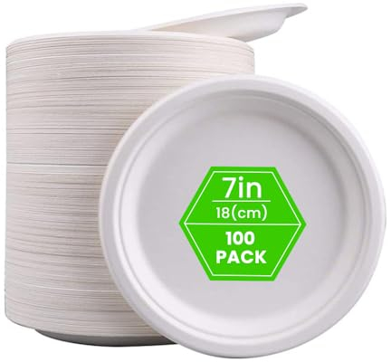 Venuscello 100 x Strong Disposable Bagasse 7 Inch Heavy Duty Biodegradable Plates White Eco-Friendly & Compostable Party Plates