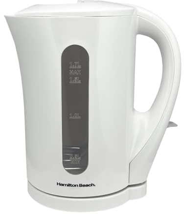 Hamilton Beach Essential Plastic Electric Kettle, 1.7L, Boil Dry Protection, Detachable Filter, Ergonomic Design, Pull Lid, Makes 7 Cups, Auto Shut Off, Water Level Window - HB1107W, White