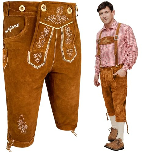 HOFGLANZ® Trachten Lederhose Herren Lang [INKL. HOSENTRÄGER] - Hochwertige Trachtenhose für Herren mit Kniebund - Bayrische Echtlederhose Braun für Oktoberfest Bequem (Größen 46-58)