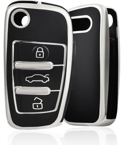 OFF WE GO Schlüsselhülle Cover für Audi Autoschlüssel Hülle für A3 S3 A4 S4 RS4 A6 S6 RS6 Q7 TT TTS R8 3 Tasten Auto Schlüssel Schutzhülle Schlüsselbox, Schwarz Silber