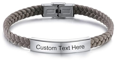 INBLUE Personalizado Pulsera de Cuero Grabado Texto Pulsera para Hombres Padre Amigo Etiqueta de Acero Inoxidable Ajustable Pulsera de Cuerda Trenzada Joyería de Moda Regalo para Aniversario - Gris