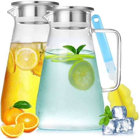 JOLIGAEA 2 Stück Wasserkaraffe aus Glas, 2,3 Liter Karaffe Glas mit Deckel, Wasserkaraffe aus Borosilikatglas, Getränkekaraffe Wasserkrug mit Becherbürste, Karaffe für DIY Getränke, Saft, Tee