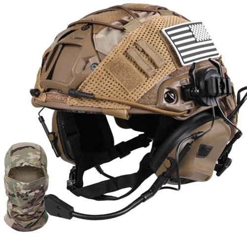 Tactical Helmet with Headset,Adjustable Helmet with Helmet Cover and Fcae Mask for Cosplay Military Tactical Airsoft Gear (SET-A)