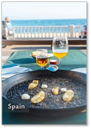 Schwarzer Reis mit Tintenfisch und jungem Knoblauch, ein trockenes Reisgericht, gekocht in Paella oder in einem Tontopf, ein charakteristischer Geschmack der valencianischen mediterranen Küche,