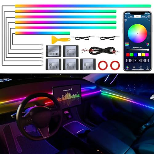Acrylic Interior Car LED Strip Light with Wireless APP, RGB 6 in 1 with 175 inches 593 LEDs Fiber Optic Strip Lights for Car, Dynamic Chasing Music Sync Neon Car Ambient Lighting Kits