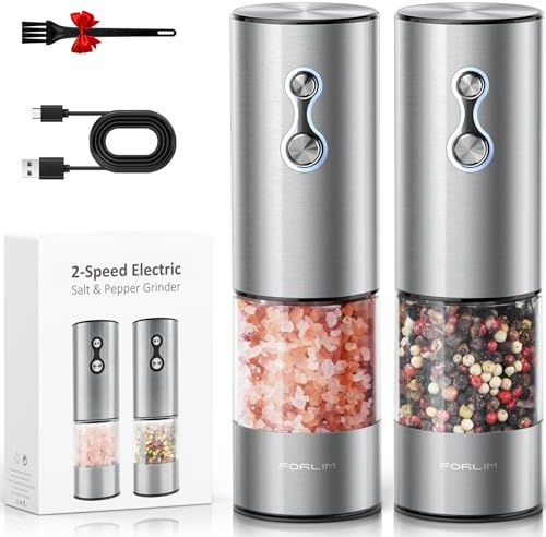 FORLIM Electric Salt and Pepper Grinder Set Rechargeable with LED, Adjustable Speed, Adjustable Coarseness, Stainless Steel Salt Shaker