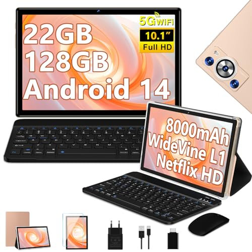 2025 Newest Tablet 10 Pulgadas Android 14, 22GB RAM+128GB ROM/TF 2TB, 8-Core 2.0 GHz, 8000mAh, 5G WiFi, Widevine L1, GMS Certificado, Bluetooth 5.0, Widgets, Tablet con Funda, Teclado y Ratón - Oro