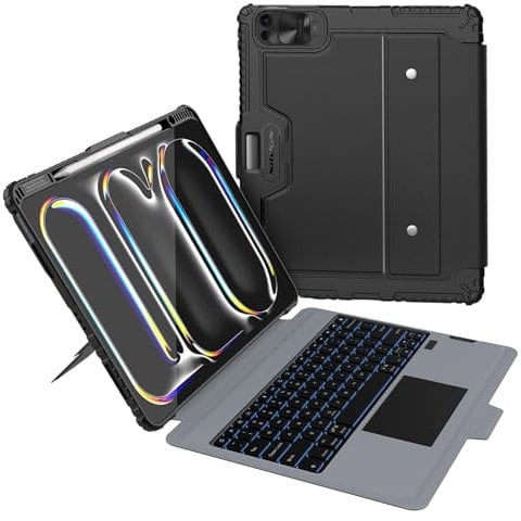 Nillkin iPad Pro 13 Inch Case with Keyboard M4 2024, Heavy Duty Protection, Detachable Keyboard with Multi-Touch Trackpad, Adjustable Portrait/Landscape Stand, Camera Cover, 7 Backlight Colors, Black