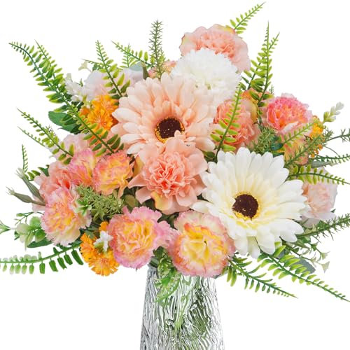 Luabue Kunstblumen Nelke Flieder Chrysantheme mit Persischem Gras und gelbem Lavendel Kunstblumenstrauß Seidenblumen Frühling Unechte Blumen für Vase Hochzeiten und Heimdekoration