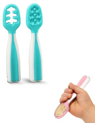 CLOVERSS® Cucharas para Bebé, Juego 2 Cucharas de Iniciación para Niños Pequeños, Precucharas Bebé blw, Etapas 1 y 2 (Verde)