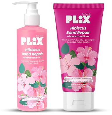 PLIX - THE PLANT FIX - Hibiscus Bond Repair Shampoo (200ml) + Conditioner (175ml) | Repairs Molecular Structure & Reduces Breakage | FiberHance™ & TechnoHYAL Hair Complex