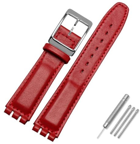 AMAUPCKCA 17mm 19mm Armband for Swatch Rindsleder Uhrenarmband Schwarz/Braun/Weiß Wasserdichter Edelstahlverschluss Herren Damen Business Armband(Red sk,17mm)