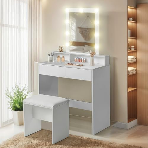 ZZINOKE Toletta Trucco con Sgabello Imbottito, Mobile Trucco con Specchio e Luci, Luminosità Regolabile, Postazione Trucco con 3 Ripiani Aperti e 2 Cassetti, 80×40×142 cm, Bianco