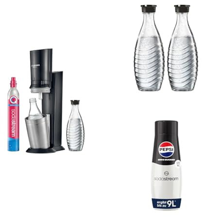 SodaStream Wassersprudler CRYSTAL 3.0 mit Quick-Connect CO2-Zylinder| inkl. 4 x 0,8L CRYSTAL Glasflasche | Farbe: Titan + SodaStream Sirup Pepsi Zero Zucker, 440 ml
