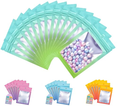 Plaphy 100 Stück Mylar Beutel mit Fenster, Druckverschlussbeutel,Blau Grün | 7 x 10cm, Mylar Bags mit Aufhängeloch, bunte wiederverschließbare Zip Beutel aus Aluminiumfolie für Lebensmittel und Zubehör
