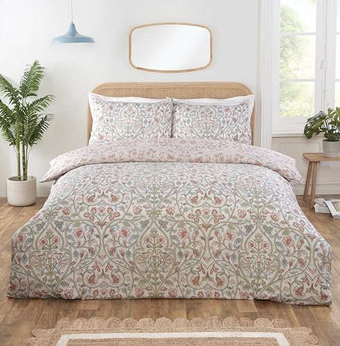 Rapport home Harrow Microfibre Duvet Cover Set Double | Luxurious Floral Vintage Damask Reversible 3-Piece Bedding for All Seasons | Natural
