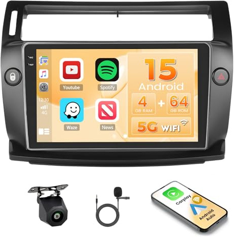 Hikity 4G+64G Android 15 Radio Coche Citroën C4 2008-2011 9 CarPlay | Android Auto Inalámbrico. BT. GPS. WiFi. FM/RDS. Cámara+MIC. Incell Touchscreen