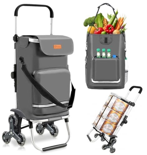 Sekey XXL Einkaufstrolley Treppensteiger mit 3 Rädern, Einkaufswagen | für Camping und Einkäufe mit Höhenverstellbarem Griff, Aluminium 3-in-1 Trolley, Inklusive Kühlfach und Getränkefach, Grau