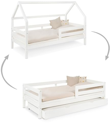Ehrenkind® 2in1 Kinder- & Hausbett Sona 90x200 cm Weiß mit Bettkasten | Umbau-Set inklusive | Massives Kiefernholz | Langlebig & stabil