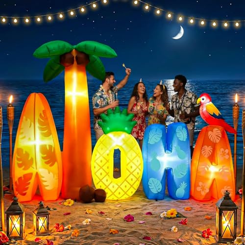 Sonwyoung Cartello gonfiabile Aloha da 1,8 m con luci pre-illuminate, palma, ananas, tavola da surf, lettere gonfiabili, decorazione Luau con pali per ventilatore, sacchetti d'acqua per feste estive