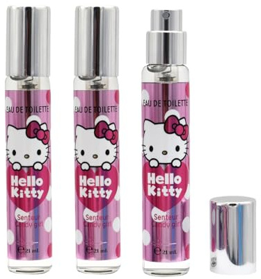 TAKE CARE | Eau de toilette Hello Kitty | Parfum frais & féminin aux notes de cassis & de vanille | Format pratique pour le sac à main | +90% d'ingrédients naturels | Vegan | Lot de 3x 21ml