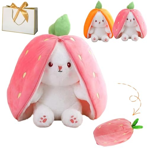 Snrtevu Erdbeerhäschen verwandelt Sich in Häschen Fruchtpuppe Plüschtier, Karotte Kaninchen Plüsch Puppe mit Reißverschluss, Versteckspiel Ostergeschenke, Mädchen Kinder Geburtstag Geschenk (A, 35CM)