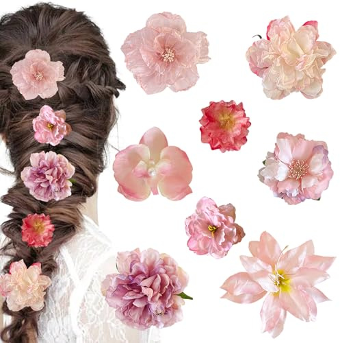 BSITSSS 8PCS Pink Flower Hair Clips, Flowers for Hair Women & Girls, Flower Hair Accessories Beach Holiday Style, Multiple Elegant Designs Hair-Flower for Beach, Parties & Weddings