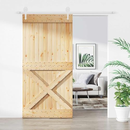 Ziaphsol Porta scorrevole in pino massiccio bianco naturale, 100 x 210 cm, con guida in acciaio verniciato a polvere, salvaspazio, per interni, design moderno e facile da montare