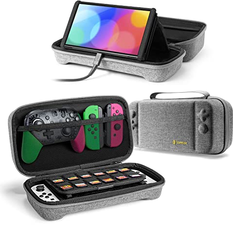 tomtoc Tasche Hülle für Nintendo Switch/Nintendo Switch OLED Modell, Protective Hard Case Tragetasche für Switch Konsole, 24 Spiele, Pro Controller, Netzteil und Zubehör, Grau