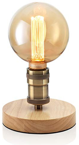Auraglow Mysa Vintage Retro Wooden Round Base Mechanical Twist Switch Brass Table, Desk or Bedside Lamp/Light - Table Lamp Only