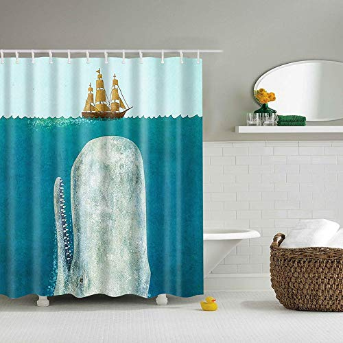 BOYOUTH Watercolors Blue Whale and Sailboat Pattern Digital Print Shower Curtains for Bathroom Decor,Polyester Waterproof Fabric Bath Curtain with 12 Hooks,70x70 Inches,Multicolor