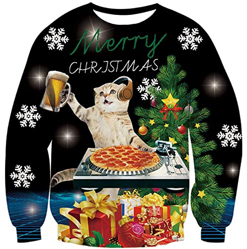 Fanient Weihnachtspullover für Herren 3D Drucken DJ Cat Muster Ugly Christmas Sweater L
